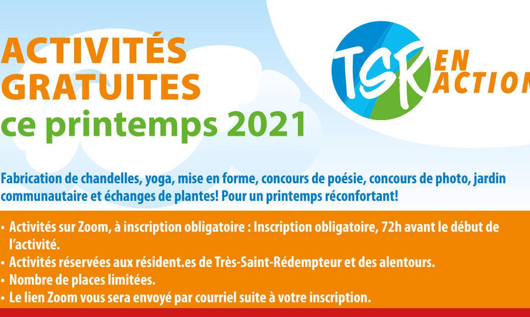 CALENDRIER DES ACTIVITÉS DE LOISIRS – PRINTEMPS 2021