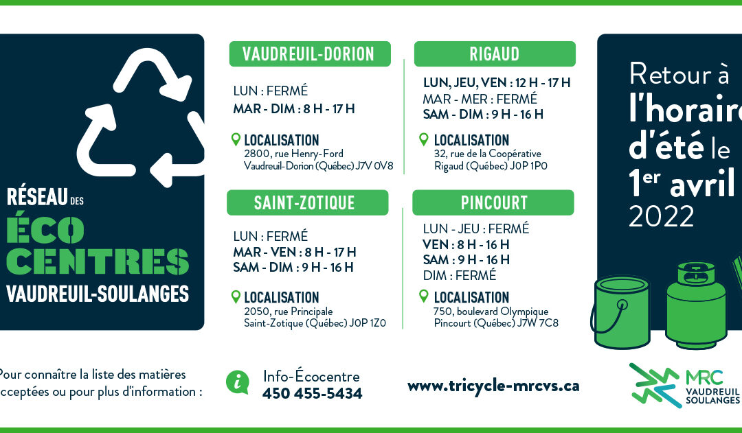ÉCOCENTRES – HORAIRE D&rsquo;ÉTÉ 2022
