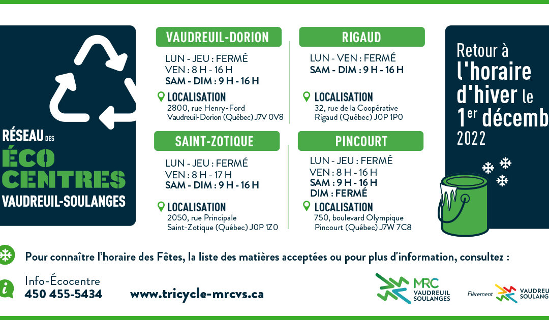 ÉCOCENTRES – HORAIRE D&rsquo;HIVER 2022-2023