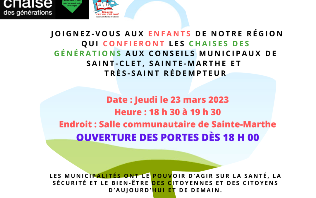 Invitation, 23 mars 2023 – Remise de la Chaise des générations au conseil municipal