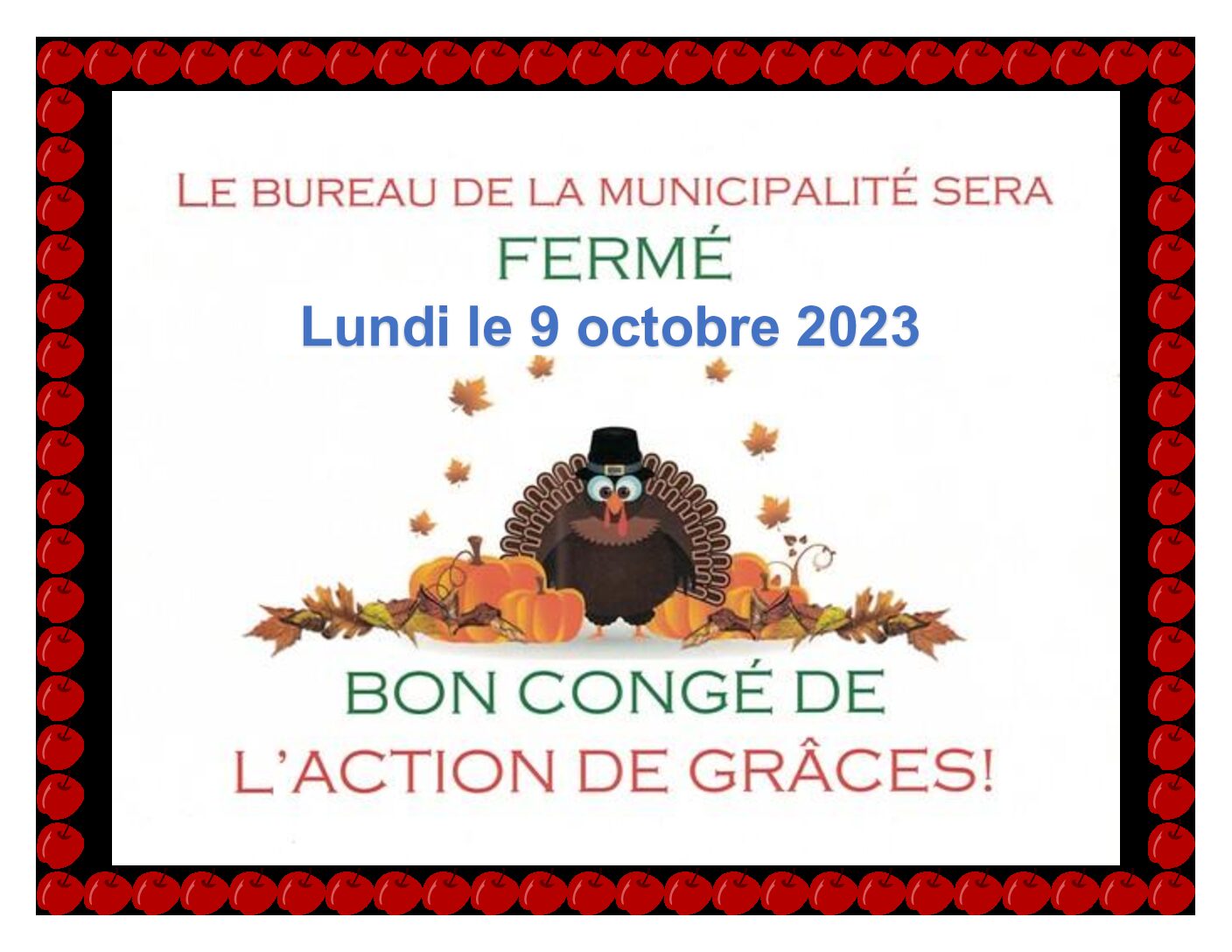 9 octobre 2023 – Fermeture du bureau municipal