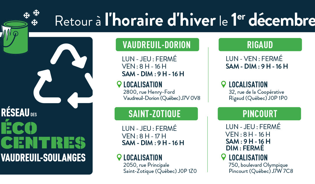 ÉCOCENTRES – HORAIRE D&rsquo;HIVER 2023-2024