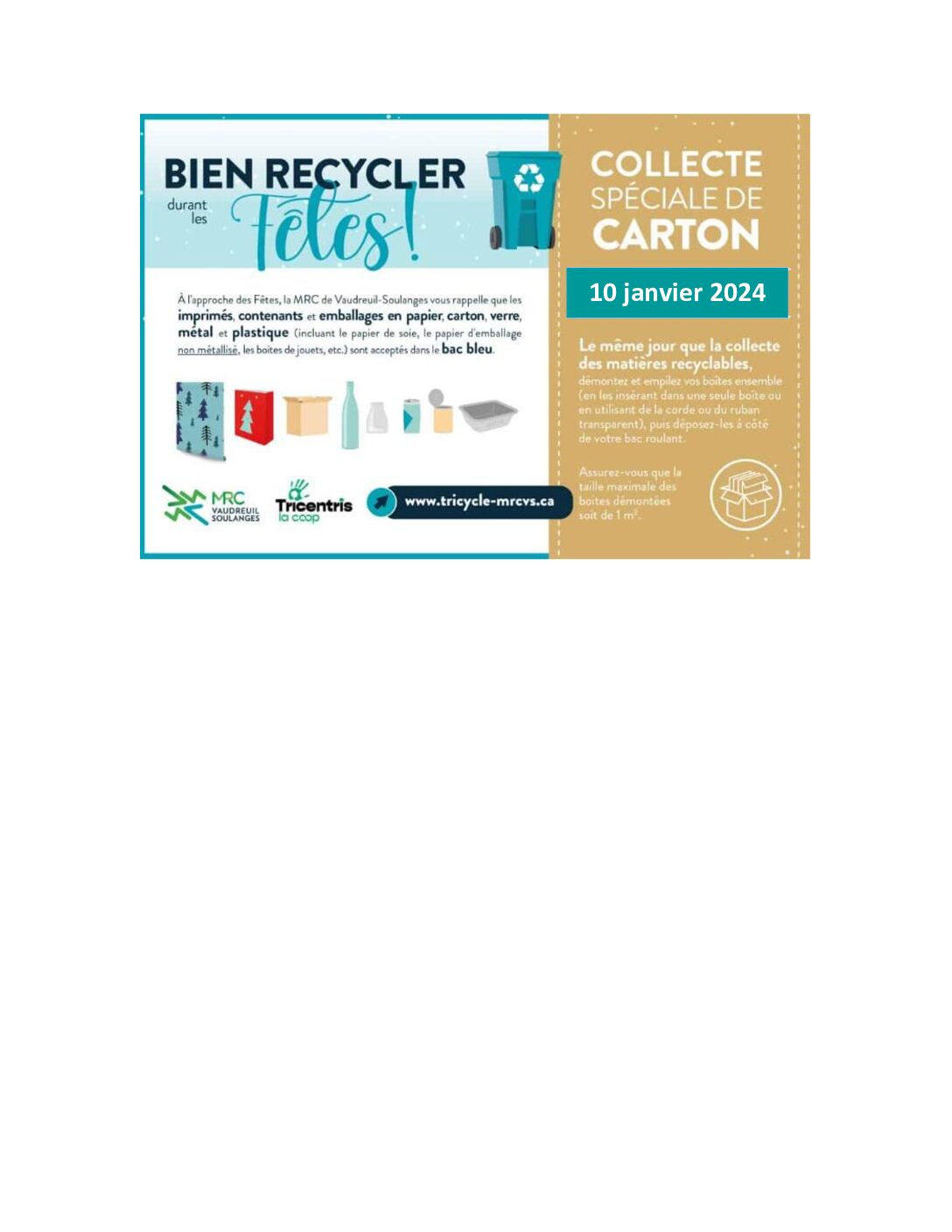 Collecte spéciale de boîtes de carton – Mercredi 10 janvier 2024